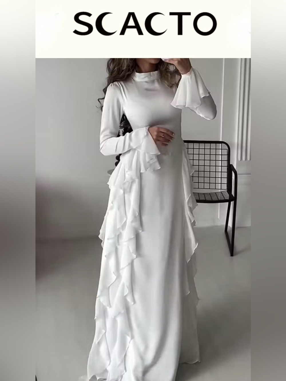 Mock Neck Bell Sleeve Patchwork Maxi Dress – White NWT